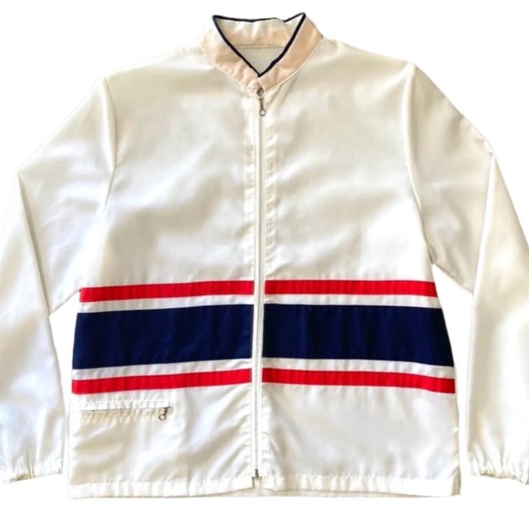 Vintage 70s White Nylon Windbreaker Red Blue Racing Stripes Embroidered Bee Sz M - Picture 7 of 15